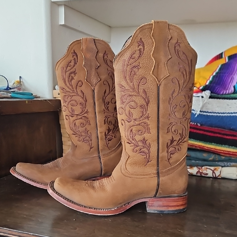 Tan Embroidered Heeled Boots